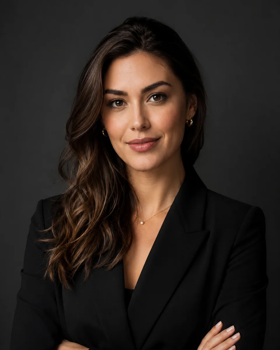 Polished studio headshot with controlled lighting against a dark backdrop.